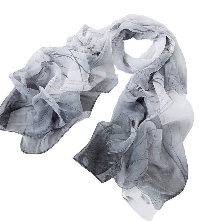 SC-Chiffon Lotus Blanc et Noir | Écharpe en mousseline pour la vente par SignareArt