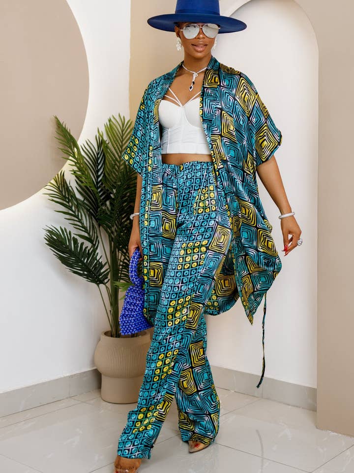 Aniobi Ankara Zijde Co-ord Set – Chique Afrikaanse Kimono & Wijde Broek voor wholesale door DUA MENKA