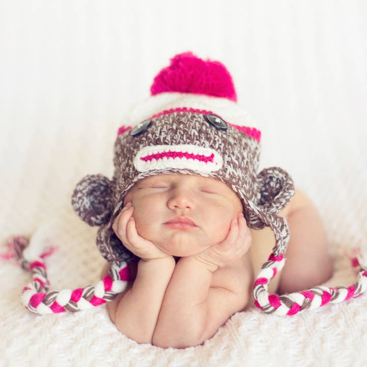 Hot Pink Sock Monkey Crocheted Handmade Heirloom Gift Hat for wholesale by The Daisy Baby LLC