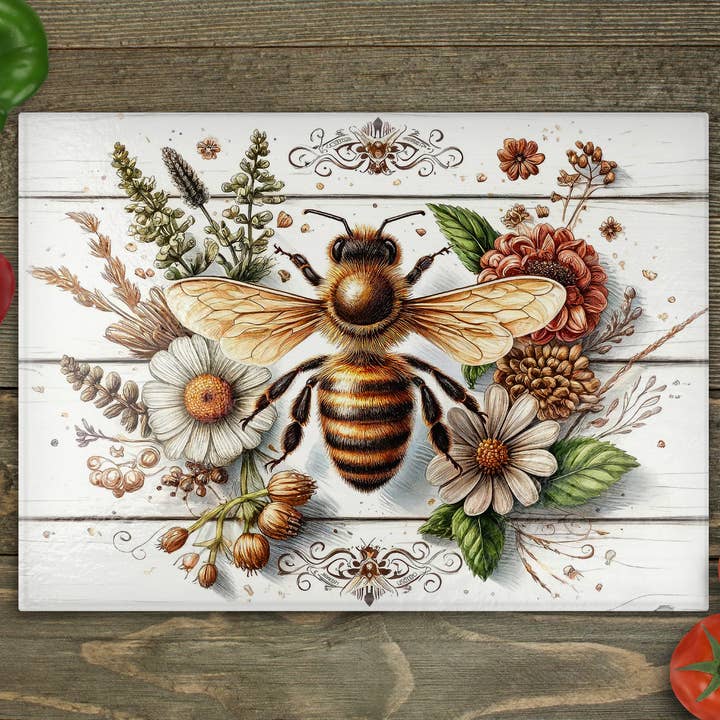 Honeybee Glass Cutting Board for wholesale by Beautiful Creations by Laney