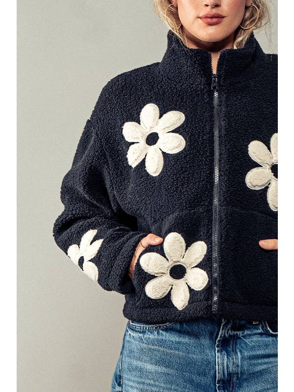 Urban Daizy - Wholesale Jacket - Women's - Playful Floral Fleece Zip Up Collared Jacket