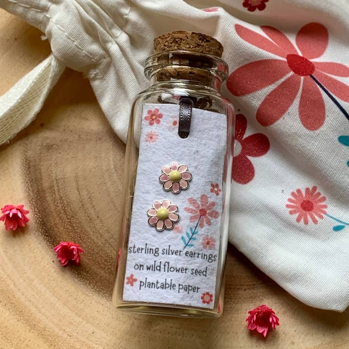 Sterling Silver Pink Flower Bottled Earrings & Cotton Bag for wholesale by Ginger & Roo
