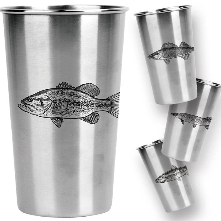 Stainless Steel Pint Cups - Freshwater Fish Series (Set of 4) for wholesale by Magic Pine Outfitters