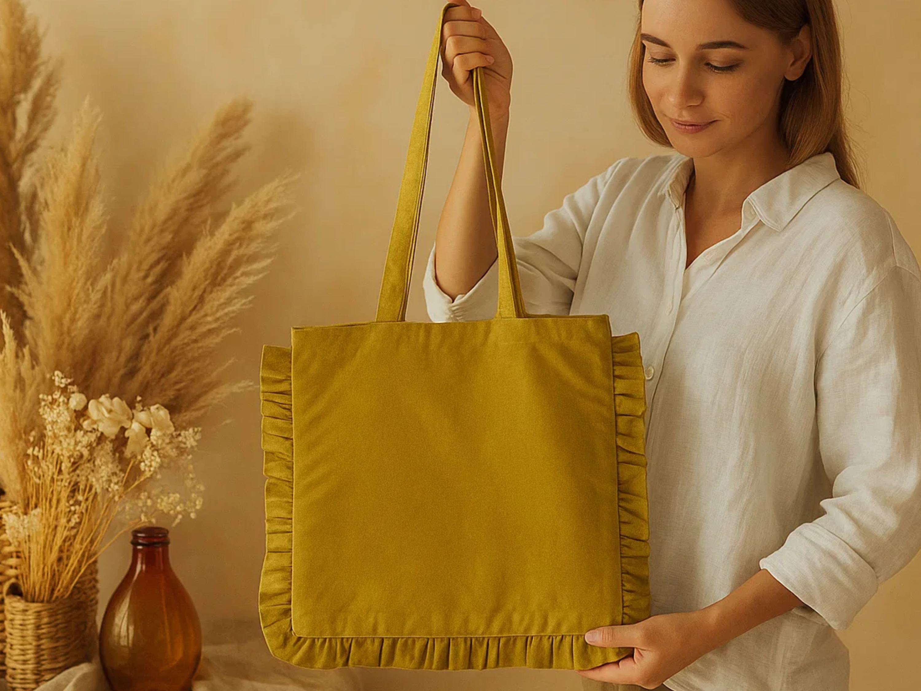 House of Kraft Jewelry & Accessories - Wholesale Tote Bag - Women's - Canvas Ruffle Tote | Canvas Colored Tote Bag | Unbranded 21