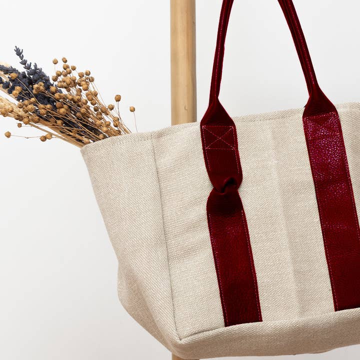 Tragetasche - Naturhanf - karminrotes Leder für den Großhandel von Fossette