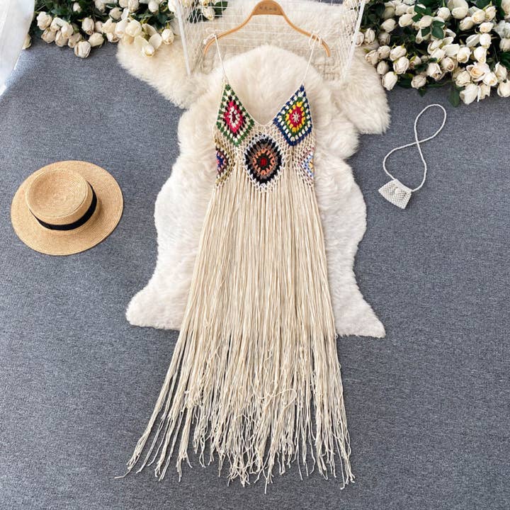 HIDDENBRAND - Wholesale Dress - Women's - Western cowgirl Boho Crochet lace long tassel strappy dress1