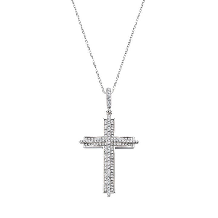 White Cz Cross Charm Necklace In Sterling Silver for wholesale by Amen Gioielli