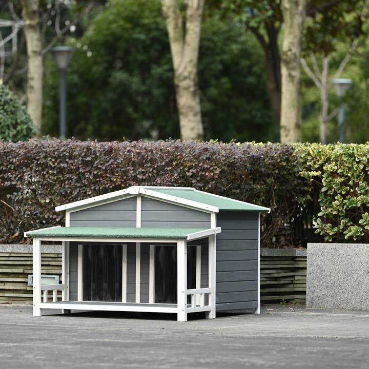 Gray Large Wooden Dog House with Porch, 2 Doors, Cabin Style for wholesale on Faire3