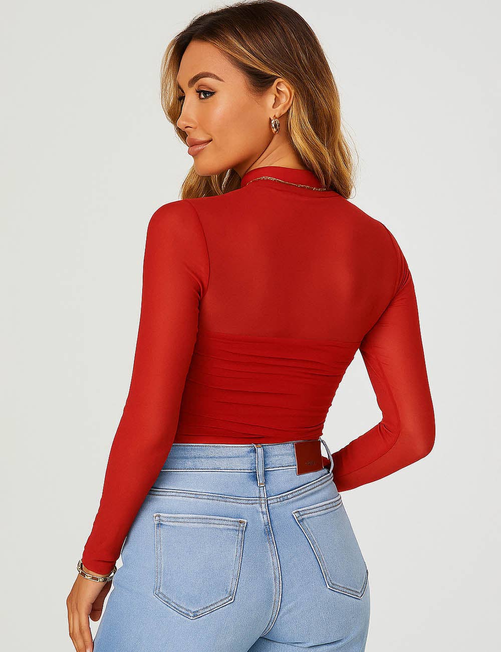 Sweetkama - Wholesale Knit Top - Women's - Ladies See Sheer Mock Neck Long Sleeves Mesh Top5