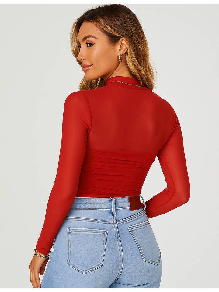 Sweetkama - Wholesale Knit Top - Women's - Ladies See Sheer Mock Neck Long Sleeves Mesh Top5