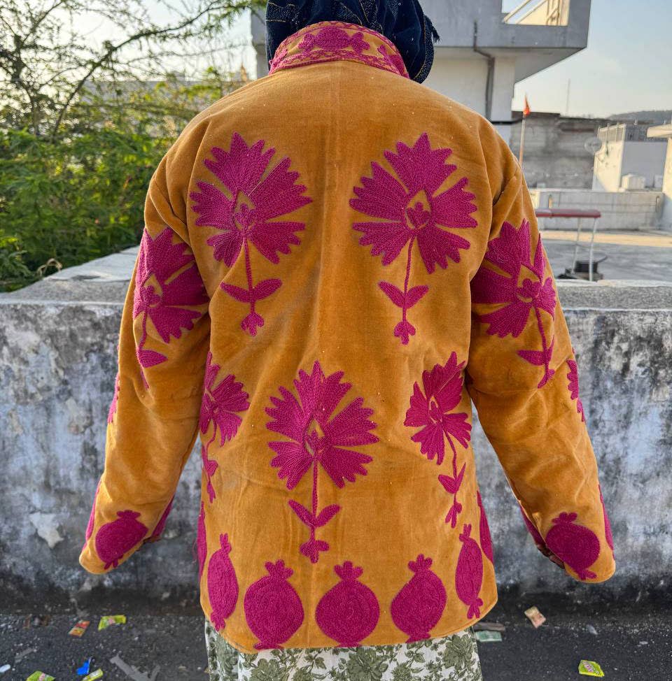 bhavnas boutique - Wholesale Jacket - Women's - Orange Velvet Kimono Robe Floral Embroidery Velvet Jackets5