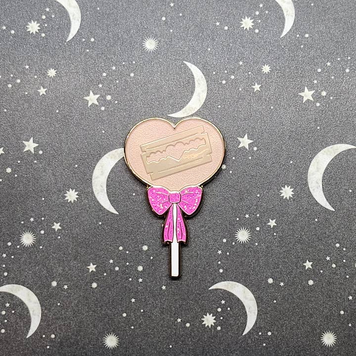 CatHead Pins - Wholesale Lapel Pin/Button - Razor Blade Pastel Pink Heart Lollipop Enamel Pin