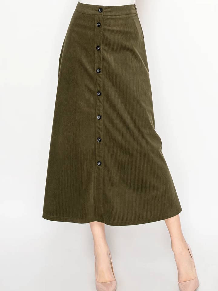Gonna midi verde oliva con bottoni per la vendita all'ingrosso da parte di Yal New York