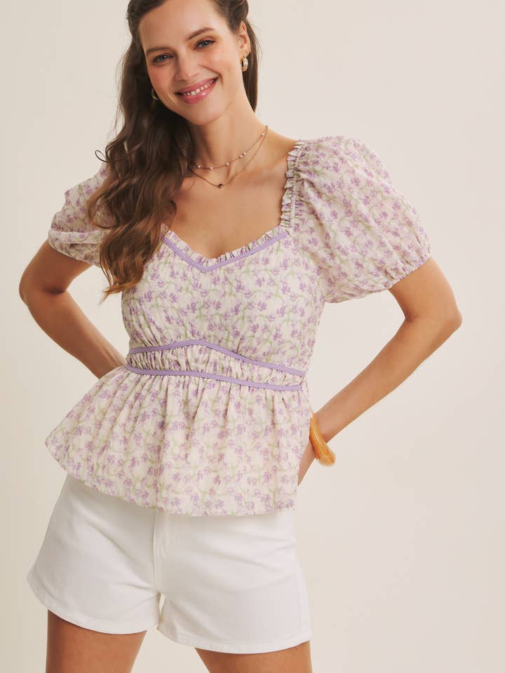 COMFORTABLE SMOCKED BACK FLORAL BABYDOLL TOP WITH RUFFLES for wholesale by in february