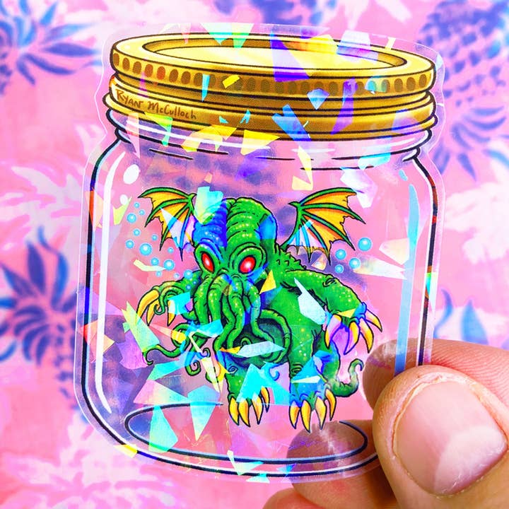 CRYSTAL STICKER: "Cthulhu In A Jar" (H.P. Lovecraft) for wholesale by Ryan McCulloch Art