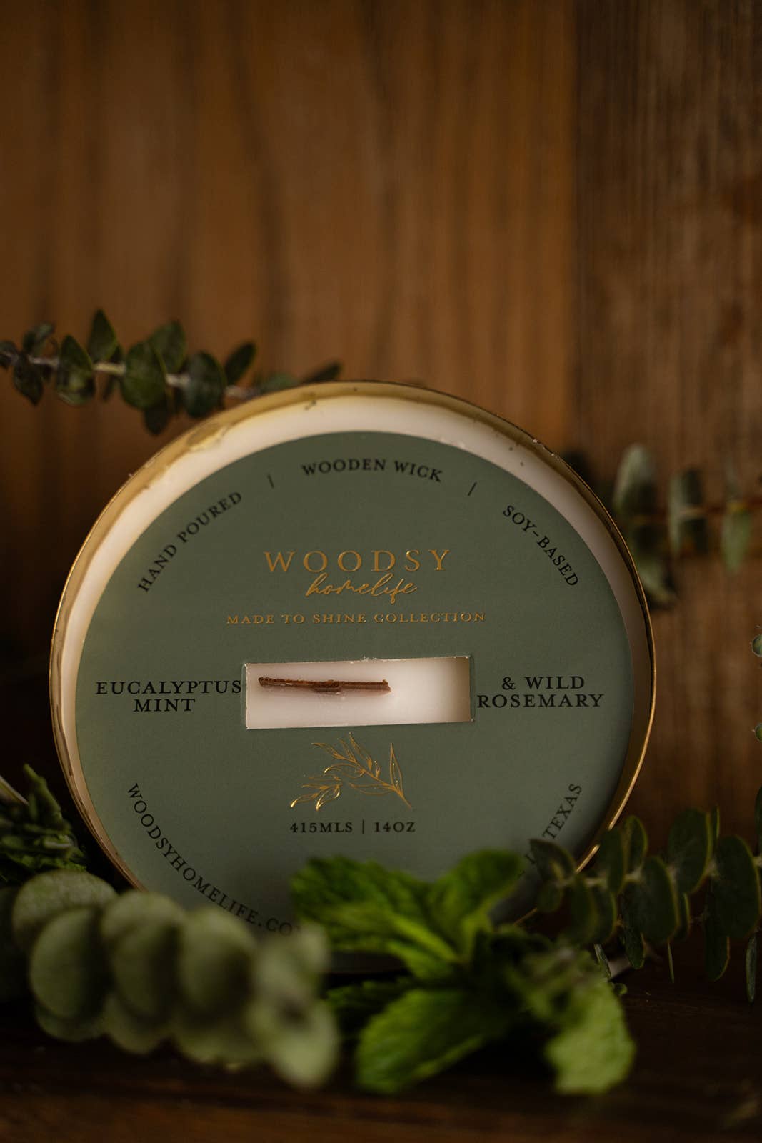 Woodsy Homelife – wholesale Jar/filled candle – Eucalyptus Mint & Wild Rosemary | Brass 14oz Pure Soy Candle1