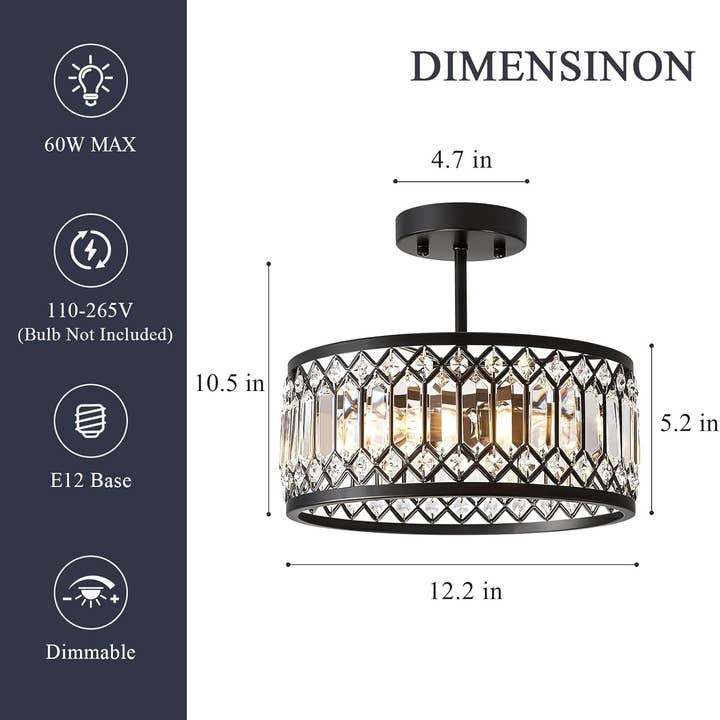 Crystal Black Three Light Semi Flush Mount Ceiling Light for wholesale on Faire3
