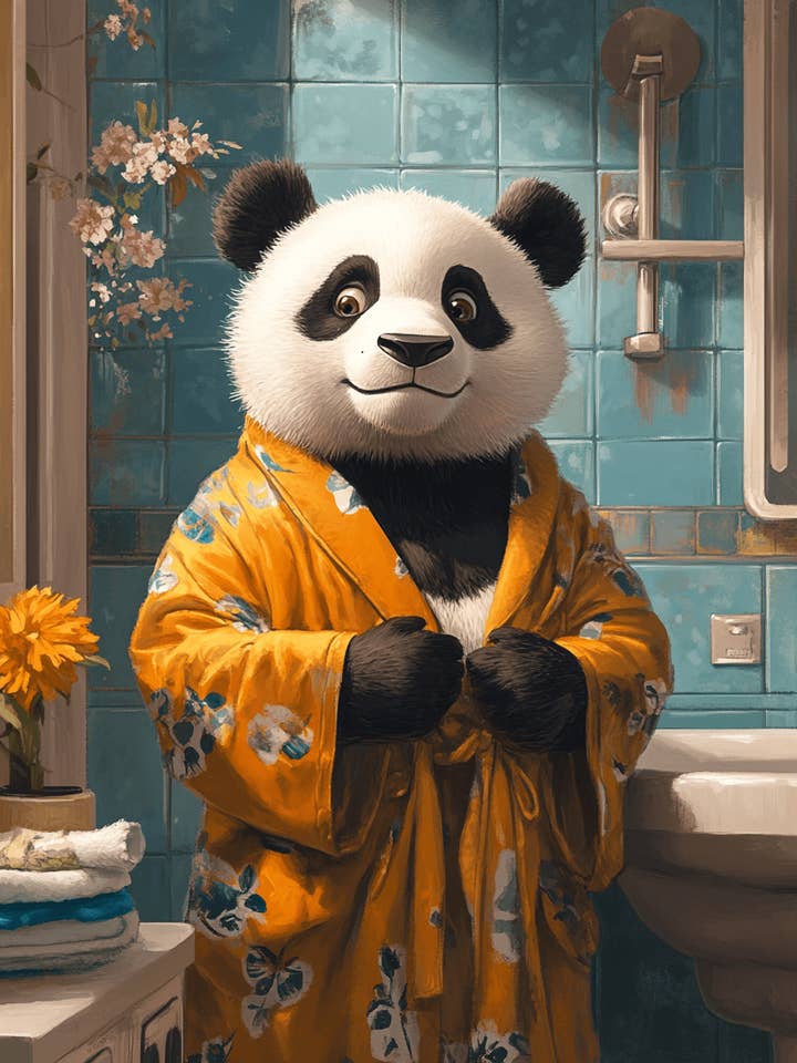 Panda-Bär im Bademantel - Badezimmer-Wandkunst-Drucke – 20x25 cm Kunstwerk für 28x36 cm Rahmen für den Großhandel von Mowbi