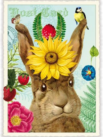 POSTCARD RABBIT SUNFLOWER ACTETRE for wholesale by Notes & Queries, Inc.