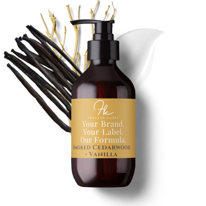Smoked Cedar wood + Vanilla Body Lotion for wholesale by FK Private Label Labs