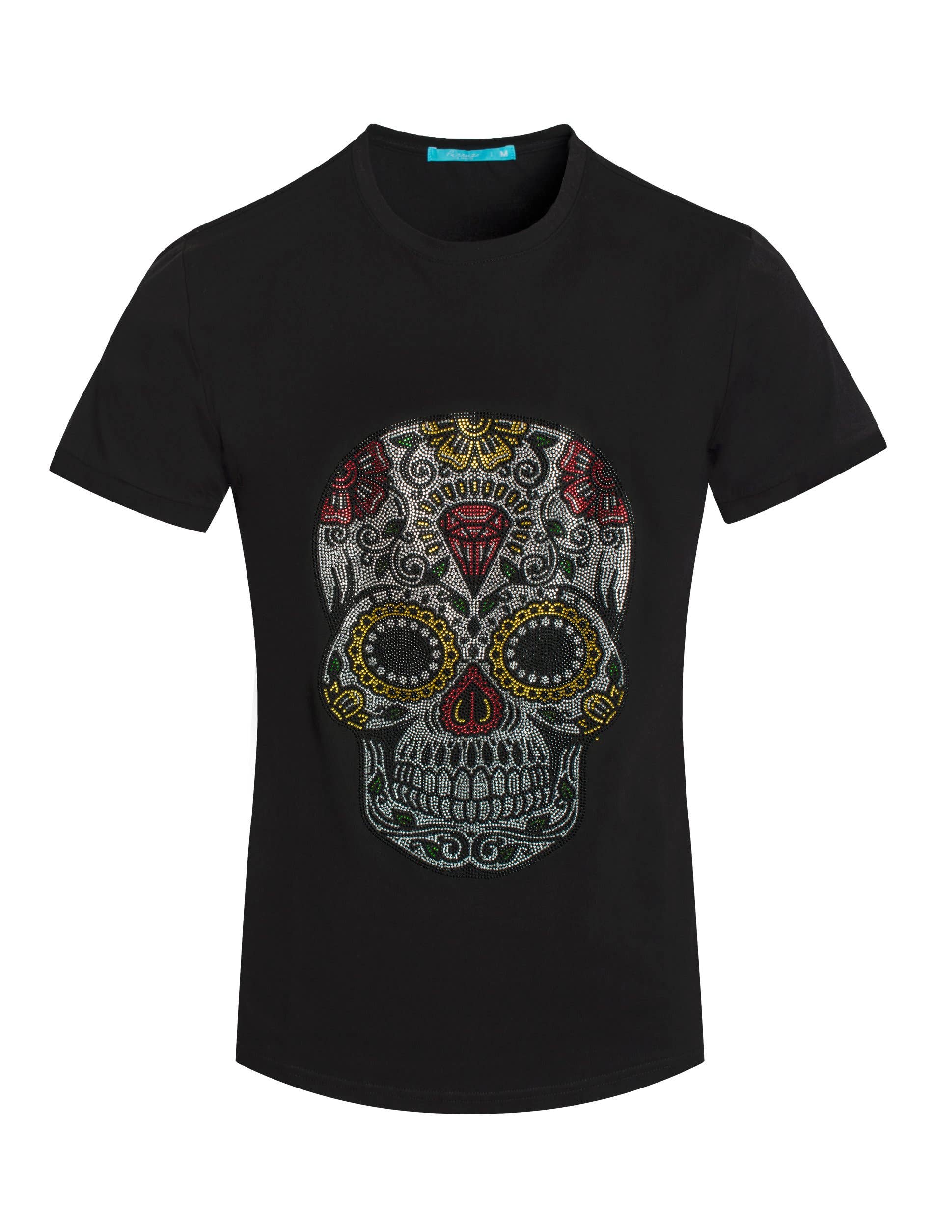 Perruzo - Wholesale Screen Printed T-Shirt - Men's - 1036 Black Skull Multicolored Crystals T-Shirt1