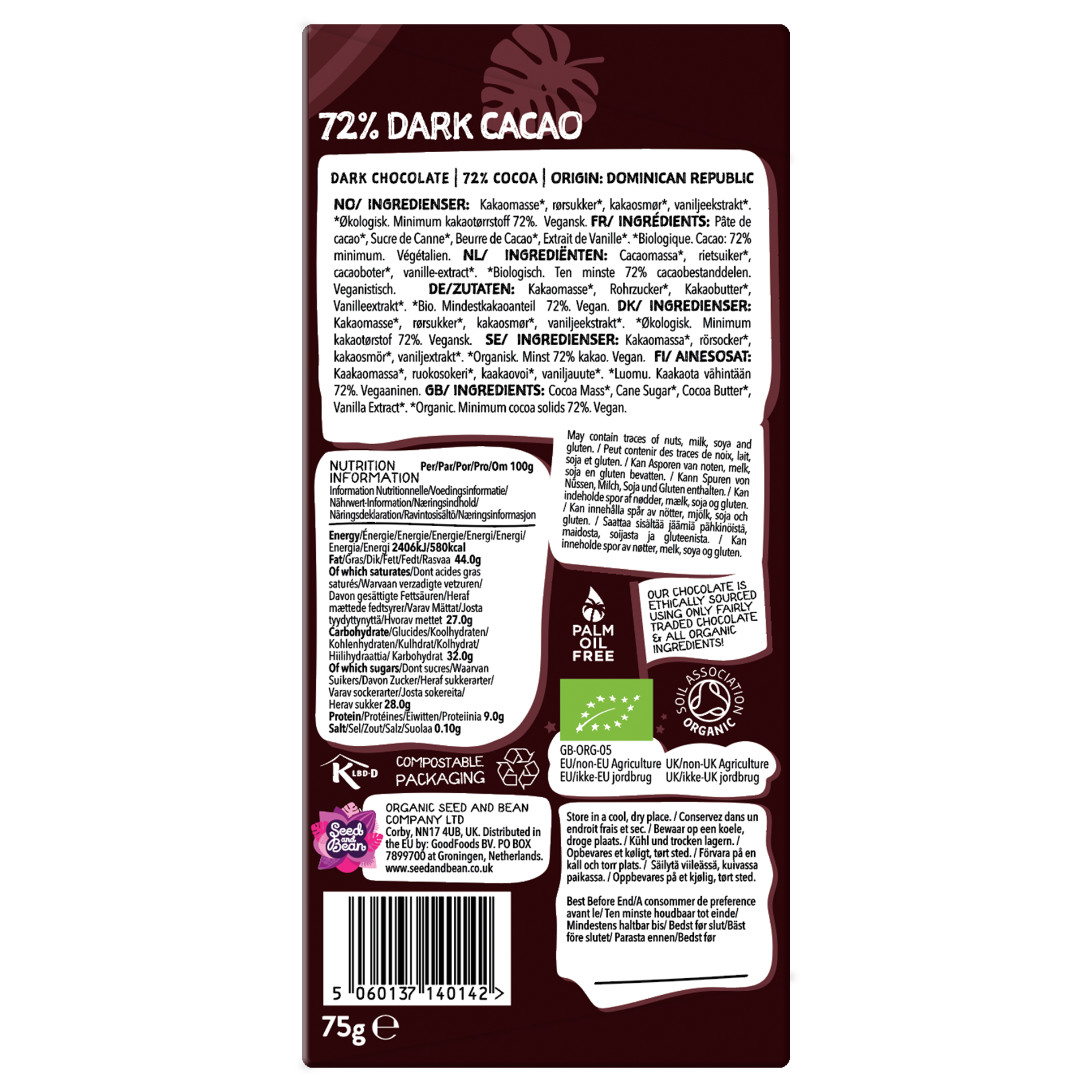 Seed & Bean  [No duties when shipping to US!] – wholesale Chocolate bar – EXTRA DARK VEGAN CHOCOLATE 75G BAR (72% COCOA)2