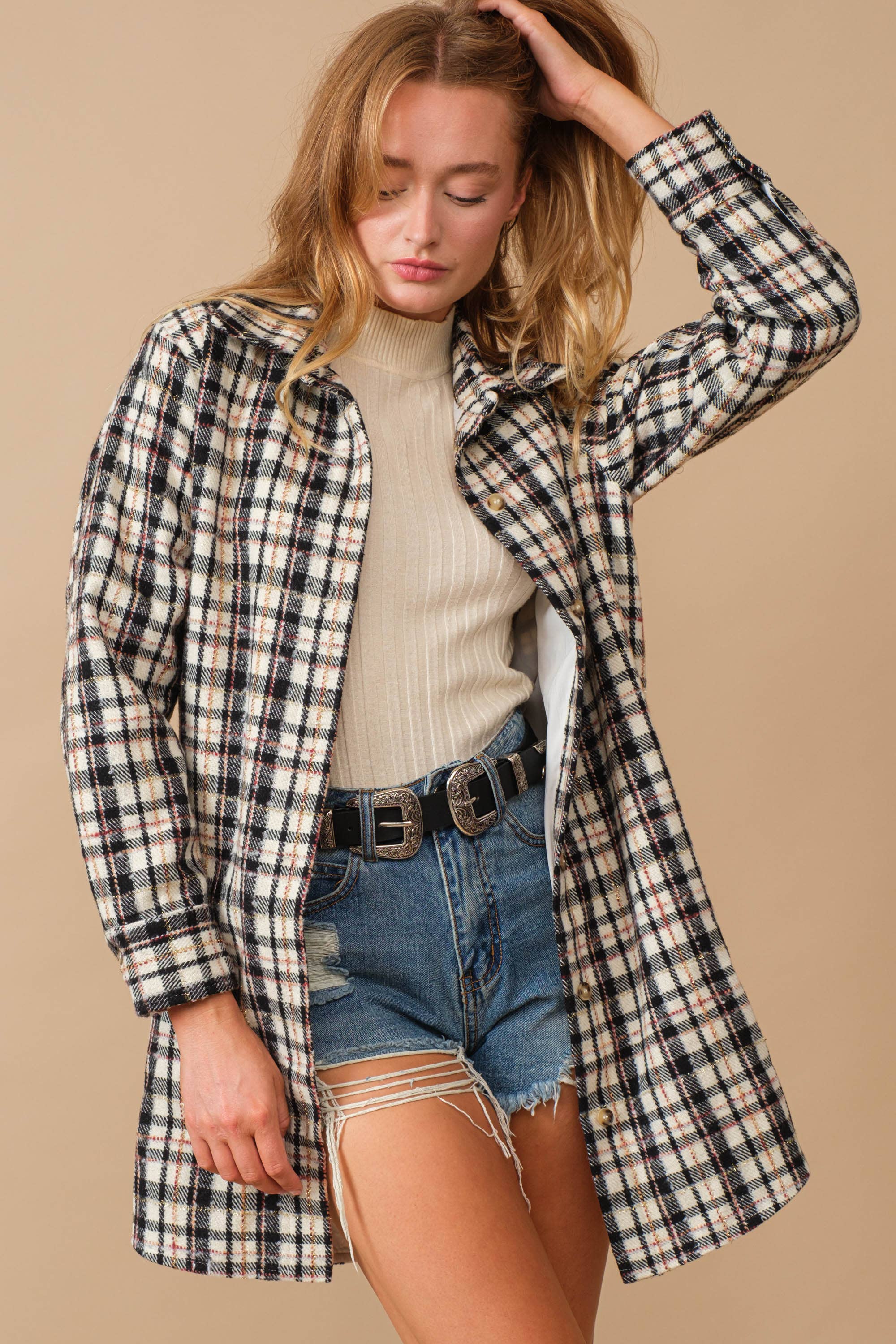 Blue B - Wholesale Shirt Jacket/Shacket - Women's - 34224J - Yarn Dyed Plaid Metallic Wool Blend Button Jacket1