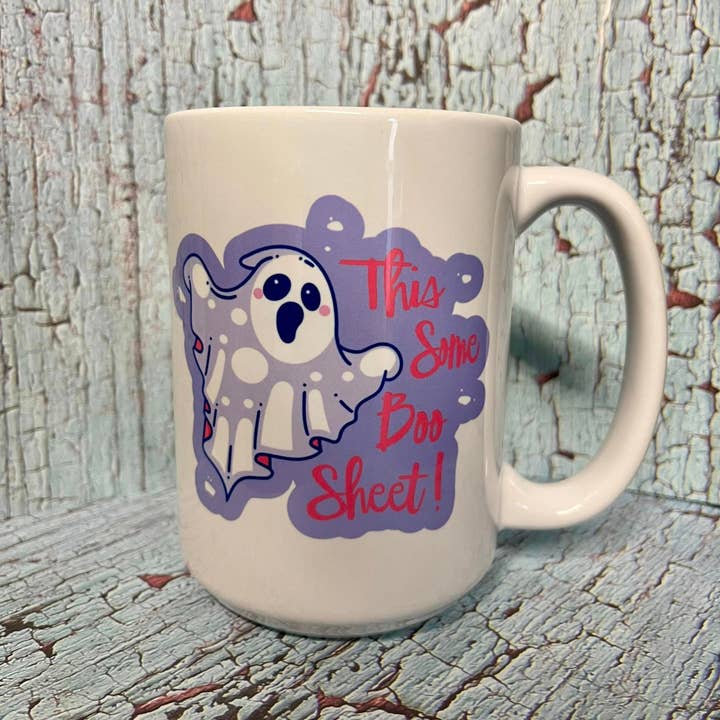 Tasse à café This Some Boo Sheet Ghost Halloween 15 oz pour la vente par Prairie Chicken Sticker Shop & Gifts