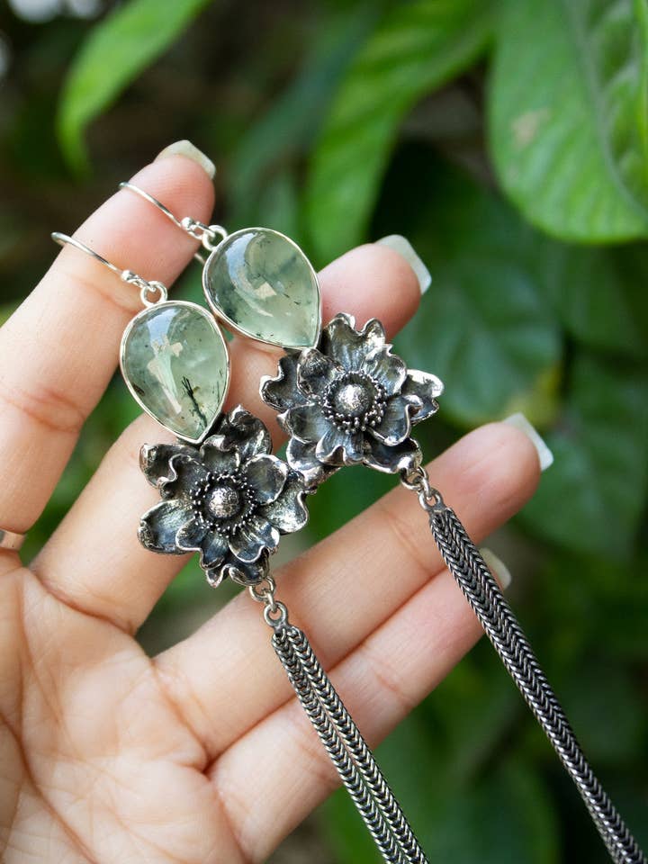 Morning Forest Blossom – Prehnite Drop Earrings, AE-7688 for wholesale by Ambra Jewels