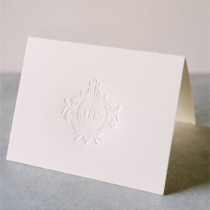 Pietà Paperie - Venta al por mayor Conjunto de papelería y tarjetas - Juego de papelería tipográfica católica IHS Jesus Crest, paquete de 5