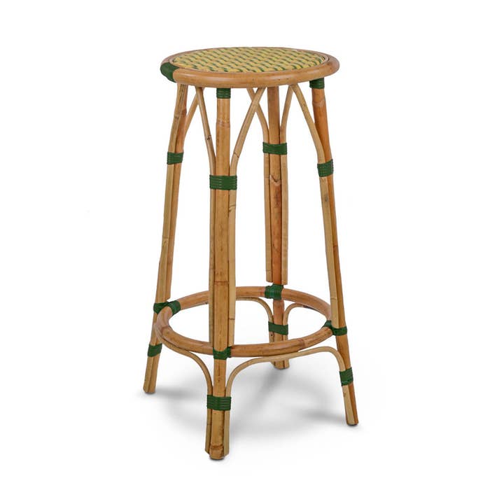 Valence French Bistro Rattan Bar Stool - Interweaved - Yellow/Green/Gold for wholesale by BONNECAZE