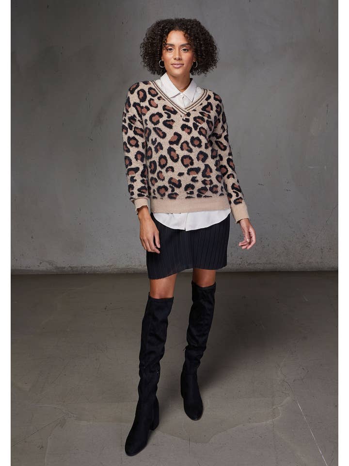 Leopard V Neck Pullover Sweater for wholesale on Faire