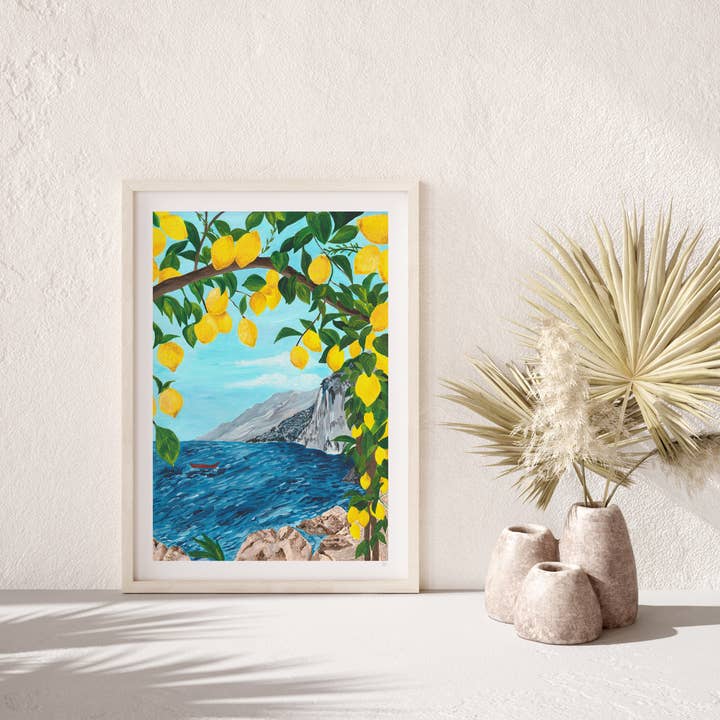 Mediterranean Lemons Sea View Print for wholesale by Violets Print House