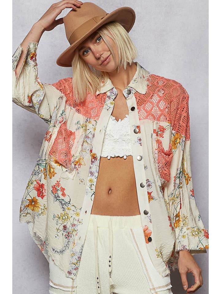 Pol Clothing - Wholesale Button Down Shirt - Women's - Full sleeves contrast floral printed shirt top