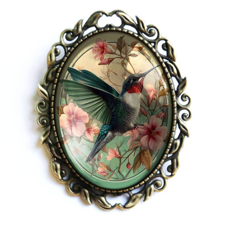 Hummingbird Art Nouveau Large Oval Brooch for wholesale by The Divine Iguana