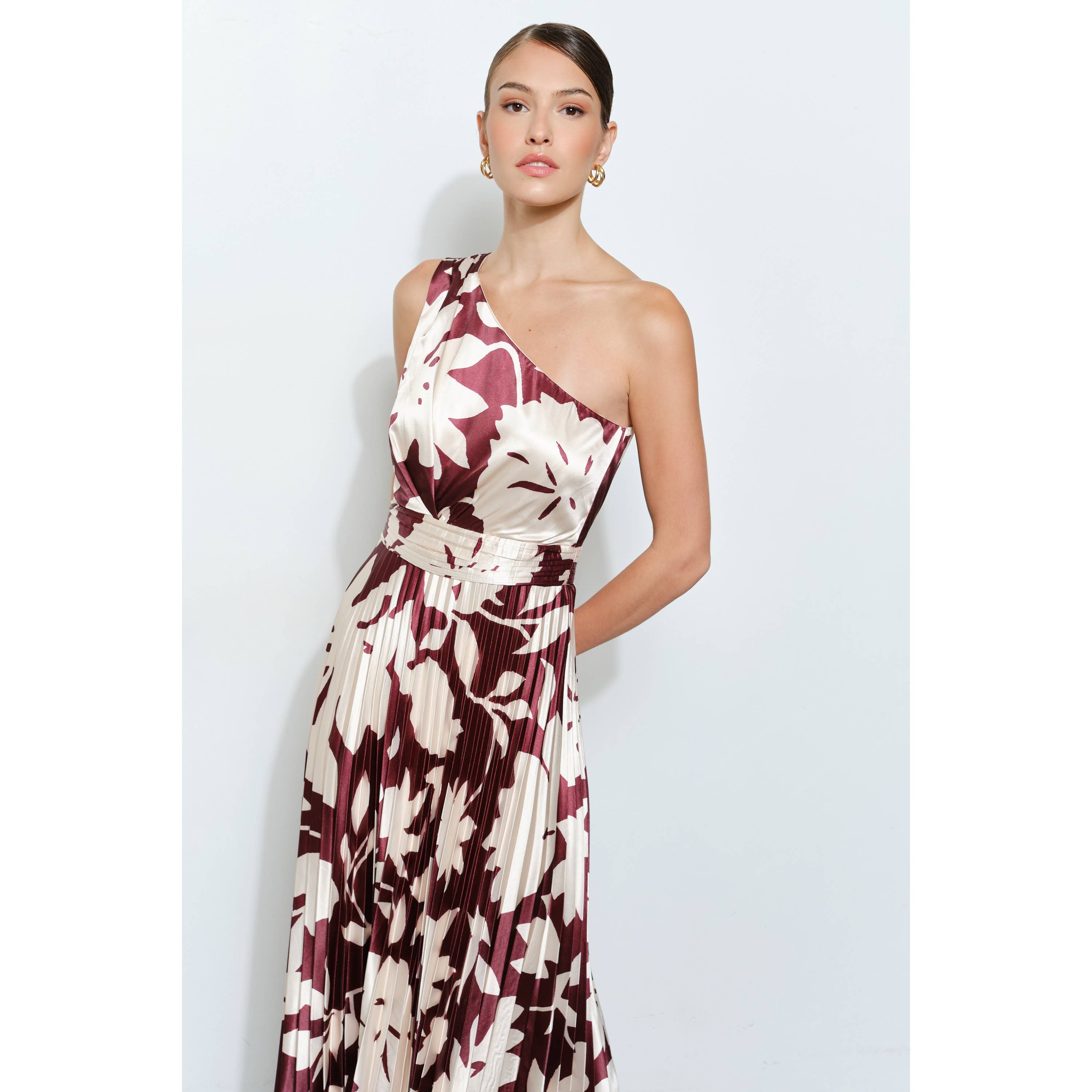 MOCHA MOUSSE One Shoulder Satin Floral Print Pleated Maxi Dress for wholesale on Faire3