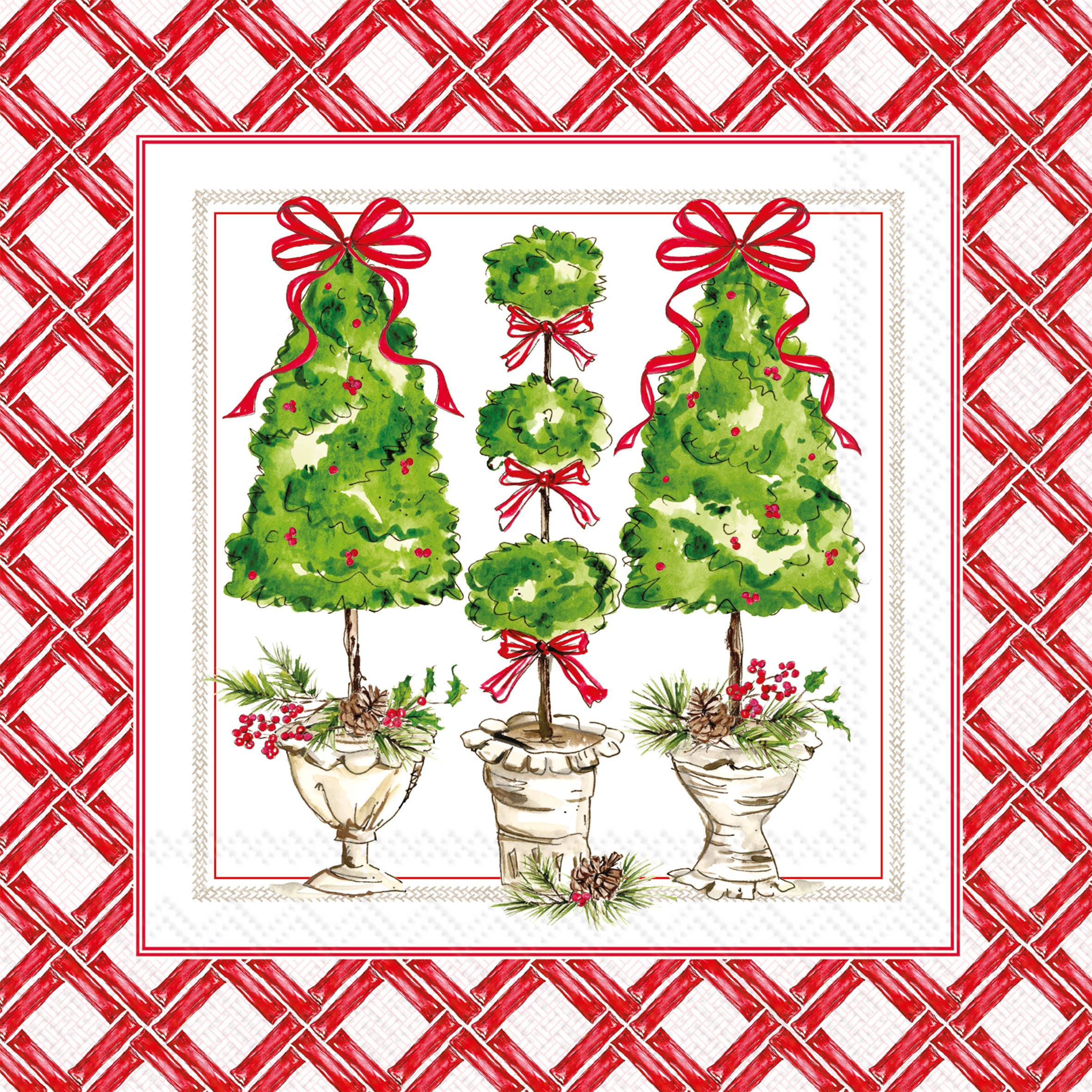 Boston International - Wholesale Disposable Napkin - Paper Cocktail Napkins 20ct Holly Topiary Christmas