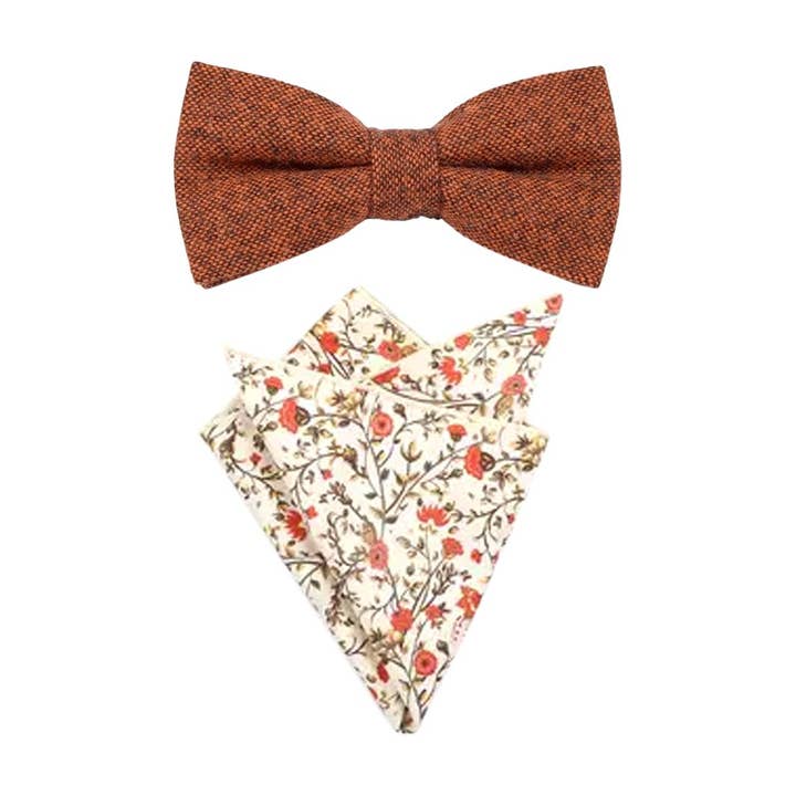 Charlie Rusty Verbrand Oranje Wol Vlinderdas en Otto Crème & Groen Bloemenprint Pochet Set voor wholesale door Dickie Bow