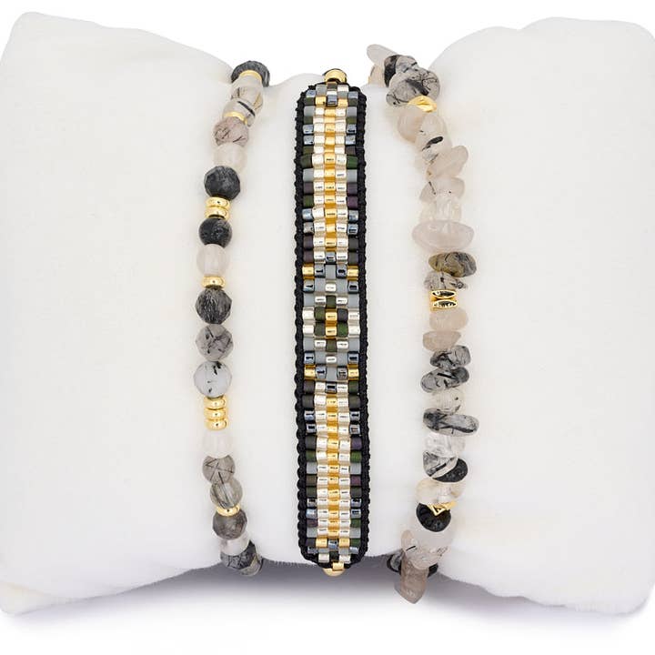 Lovina Black Rutilated Quartz Gold Bracelet Stack for wholesale by Boho Betty