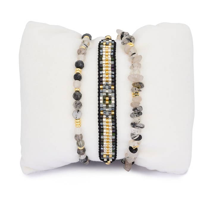 Lovina Zwart Rutielkwarts Gouden Armband Stapel voor wholesale door Boho Betty