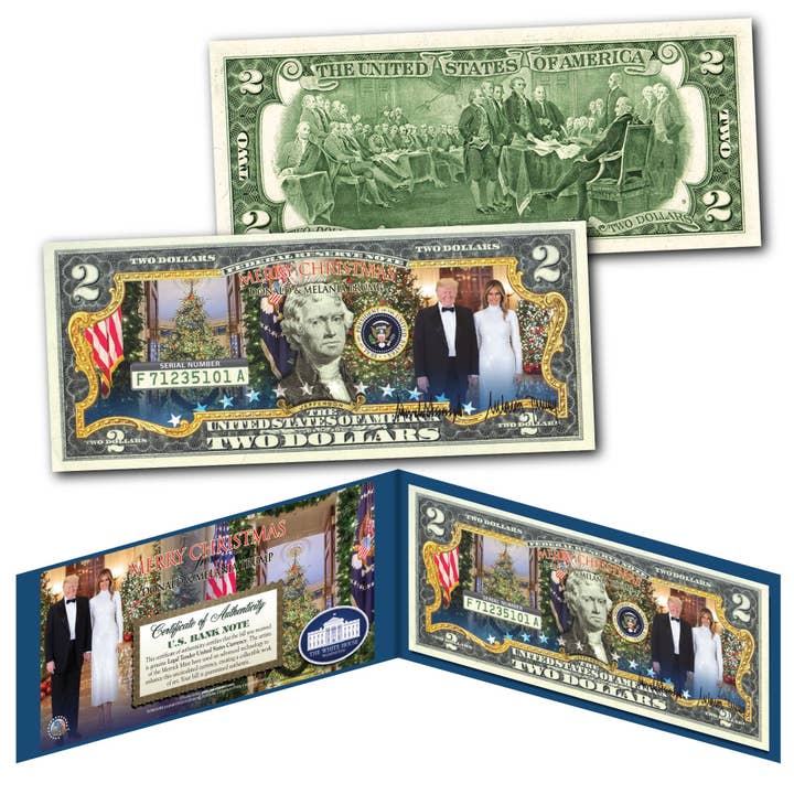 Banconota natalizia da due dollari di Trump in valuta statunitense autentica con Donald e Melania - Novità - Spedizione veloce! per la vendita all'ingrosso da parte di The Merrick Mint