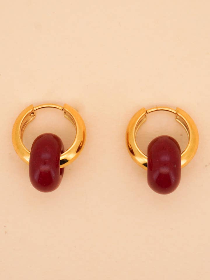 Stone Hoop Earrings in Red Jade for wholesale by Paulina Otero