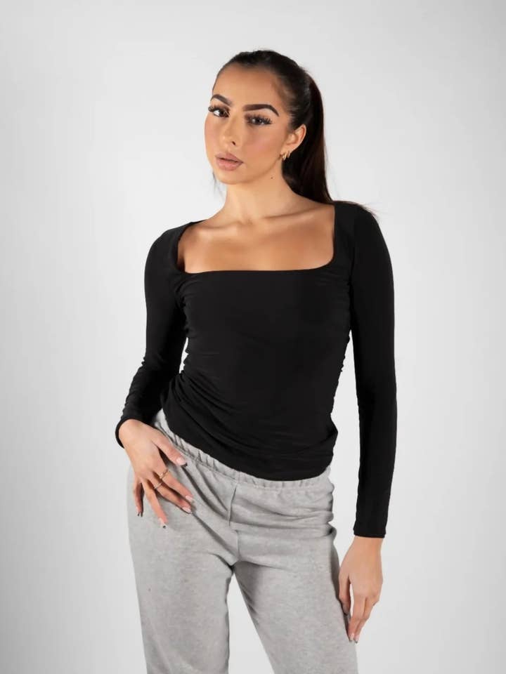 Black Slinky Long Sleeve Square Neck Top - Thalina for wholesale by Femme Luxe