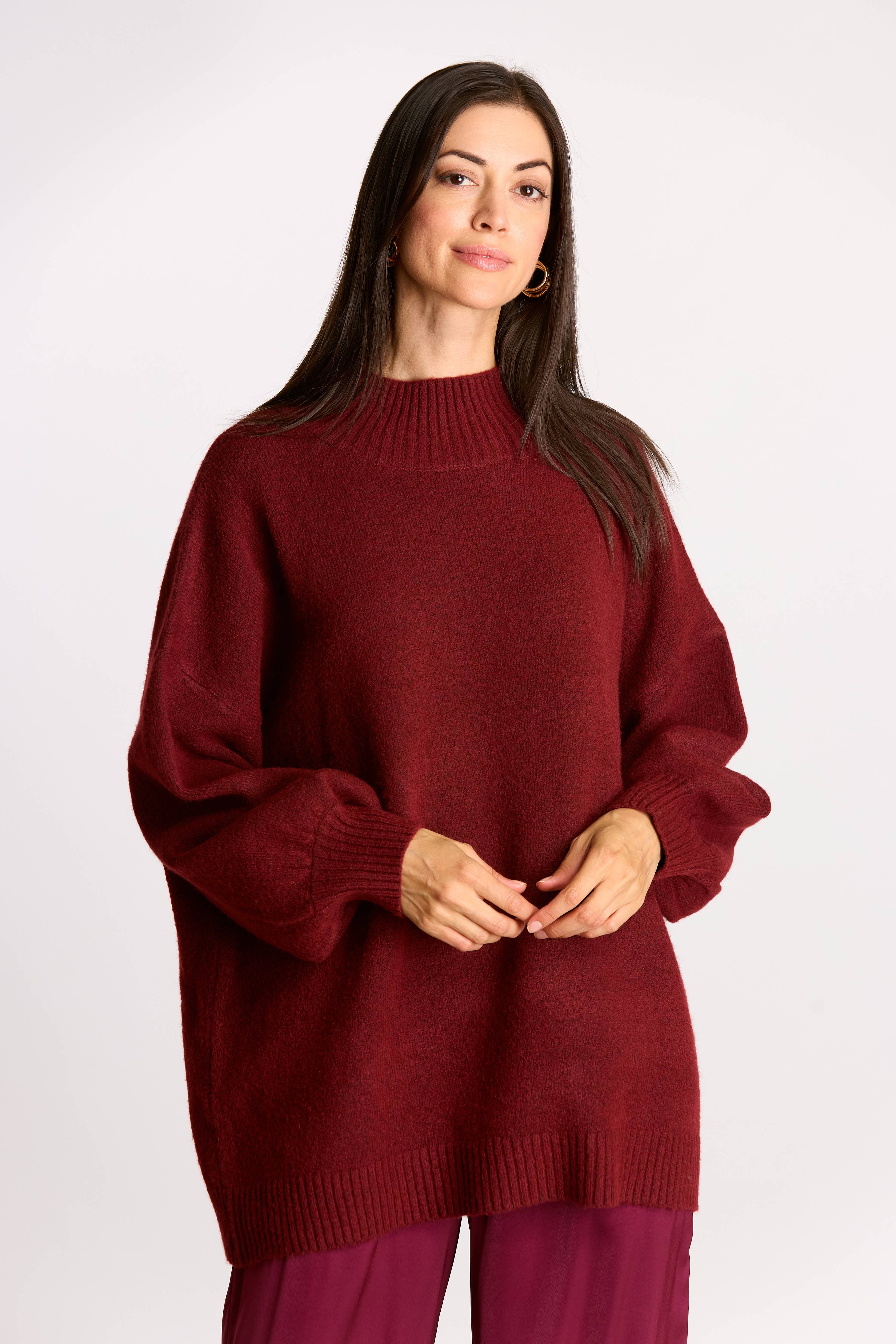 Maroon Knit Ribbed Funnel Neck Oversized Pullover for wholesale on Faire2