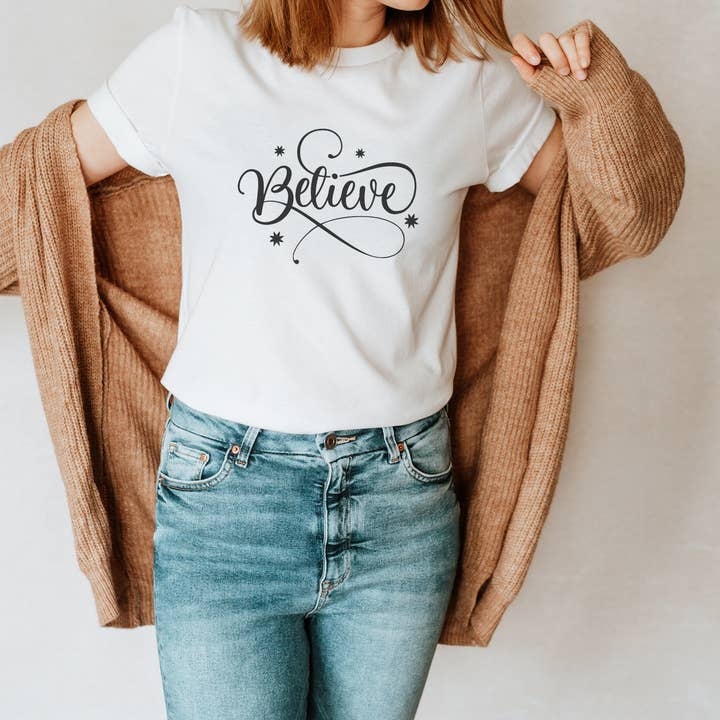 Believe Womens' Christmas Shirt Sizes S-2XL for wholesale by Shine Thrive Grow