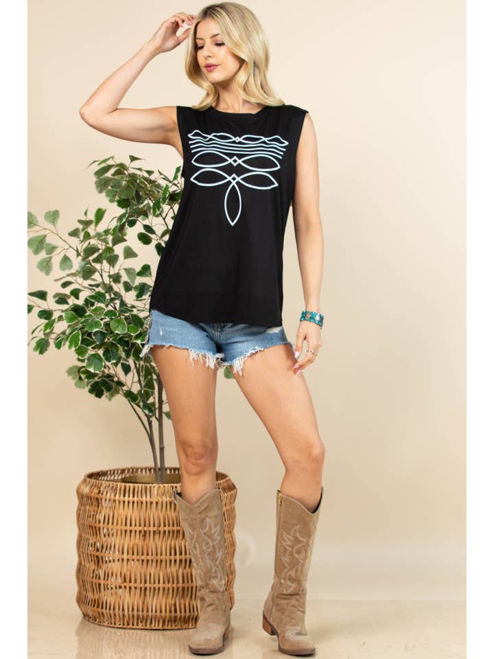 Schwarz/Weiss AV079-THELMA VINYL-TOP MIT STIEFELSTICH UND GRAFIK für den Großhandel auf Faire11