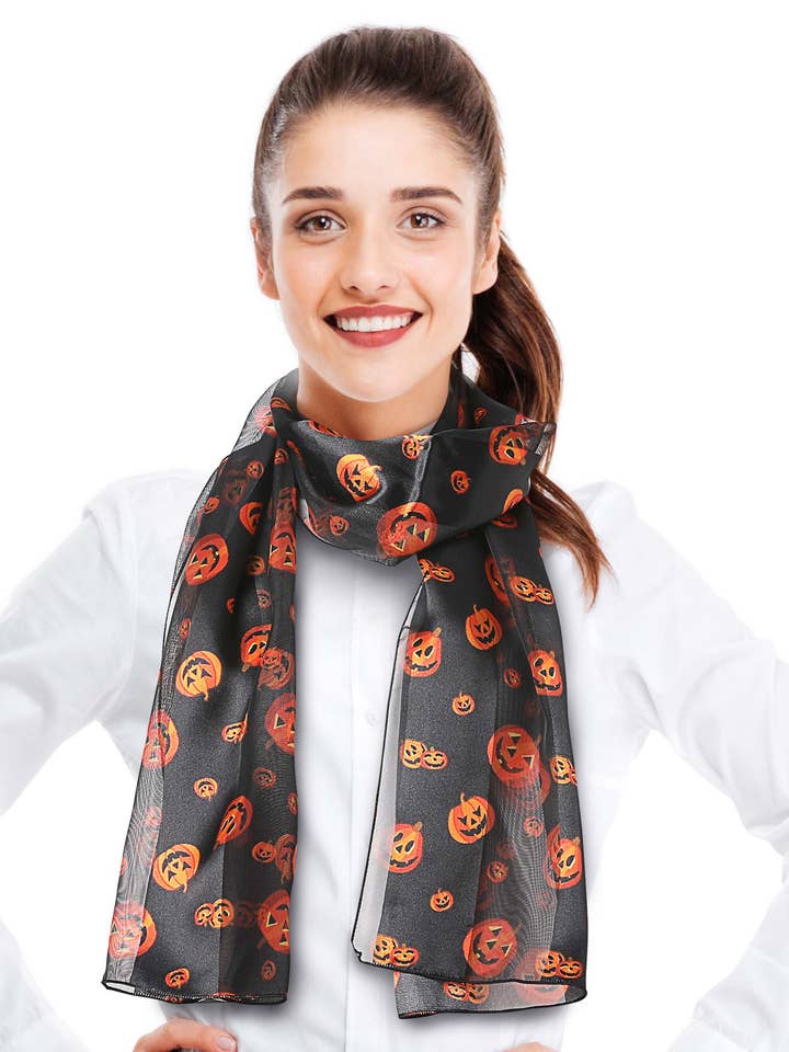 Halloween Theme Scarf - Pumpkin - Silk Feeling Scarf for wholesale by Cube Enterprise