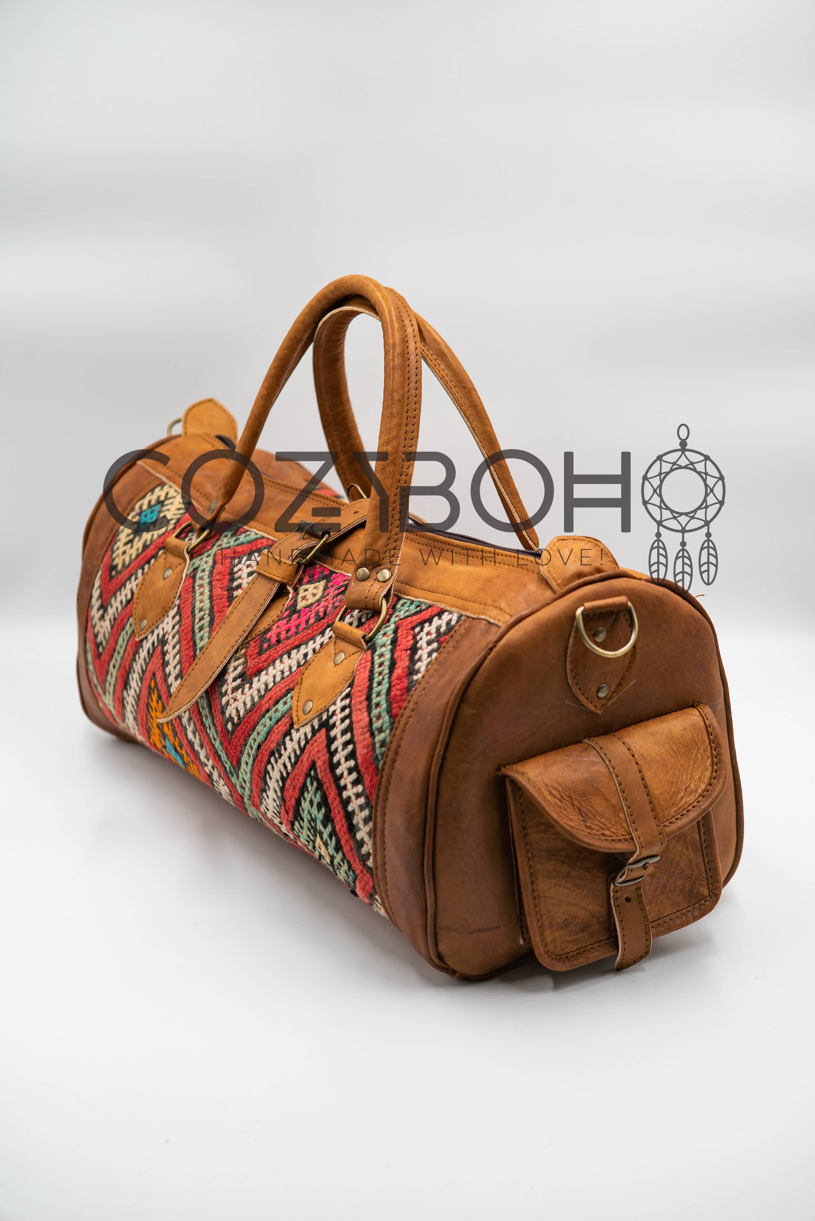 CozyBoho – Saco de viagem - Mulher por atacado – Bolsa de fim de semana Kilim de couro CozyBoho™5