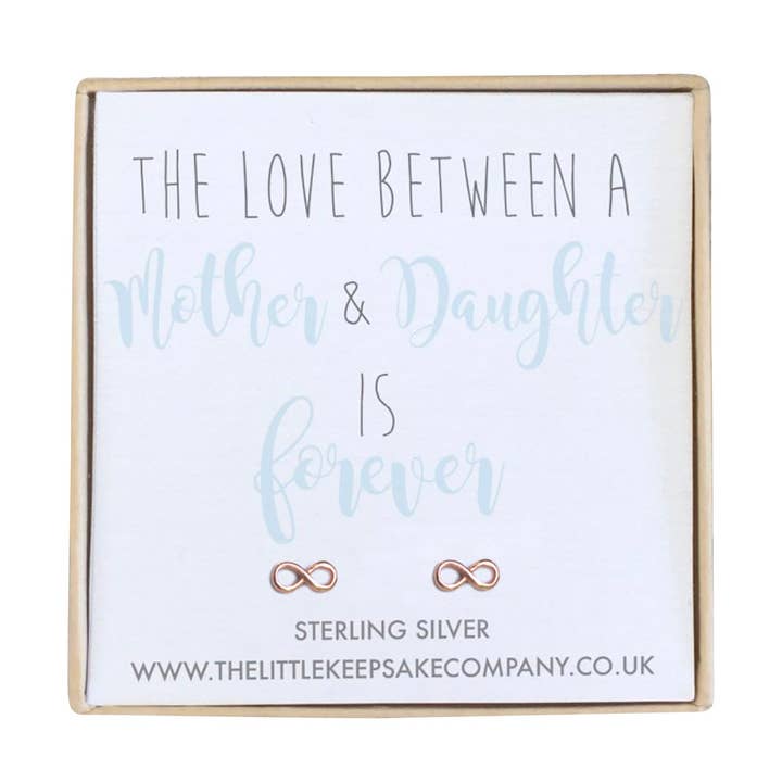 Rose Gold Vermeil Infinity Quote Earrings - The Love Between A Mother & Daughter Is Forever for wholesale by The Little Keepsake Company