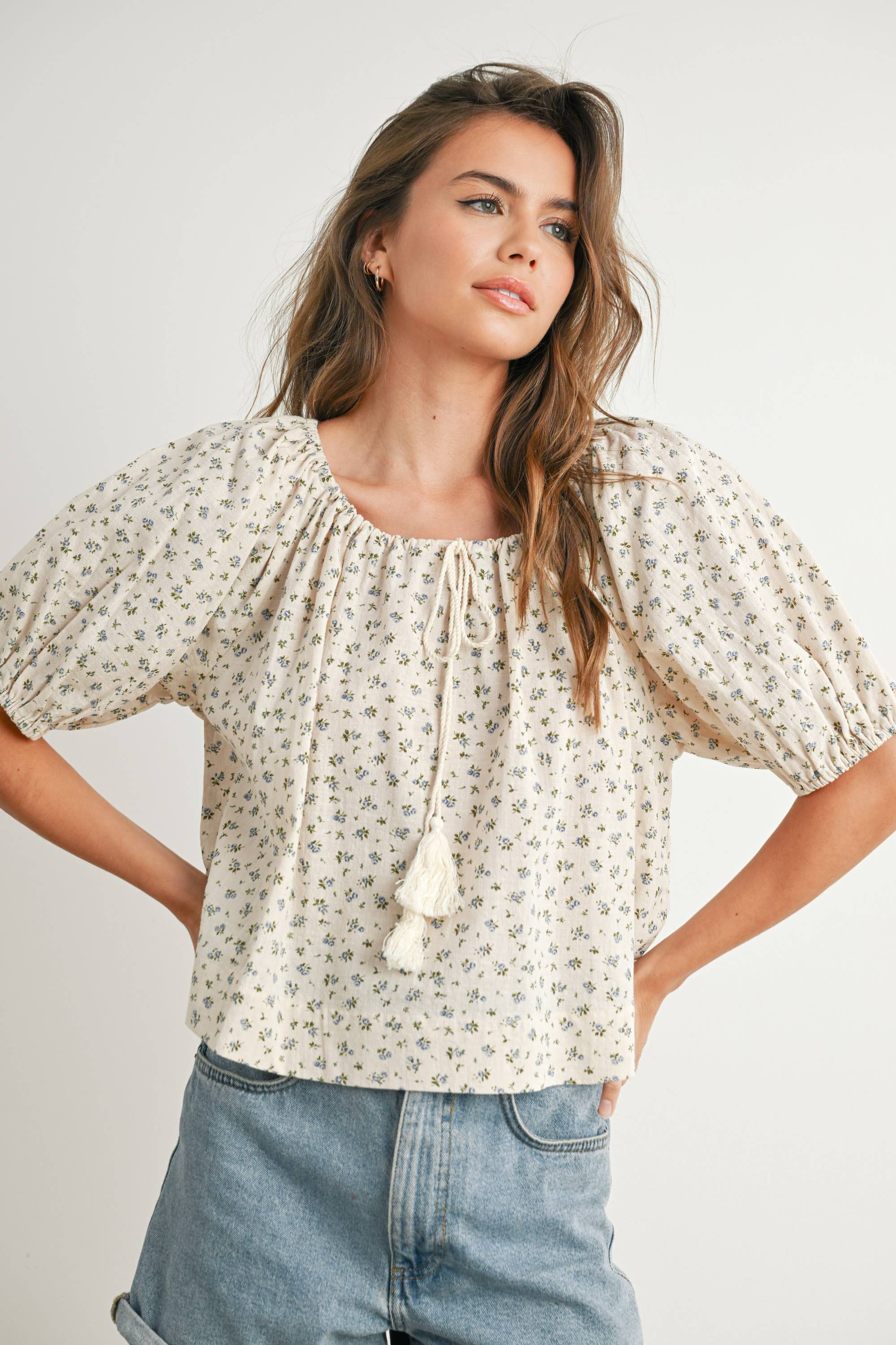 BUTTERMELON - Wholesale Blouse - Women's - Floral Puff Sleeve Top - BMT76873